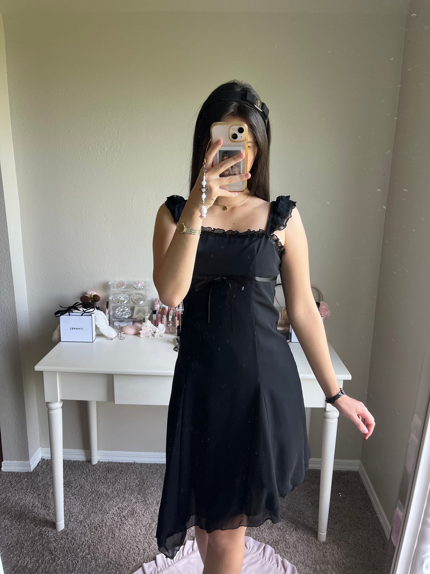 black chiffon asymmetric hem dress