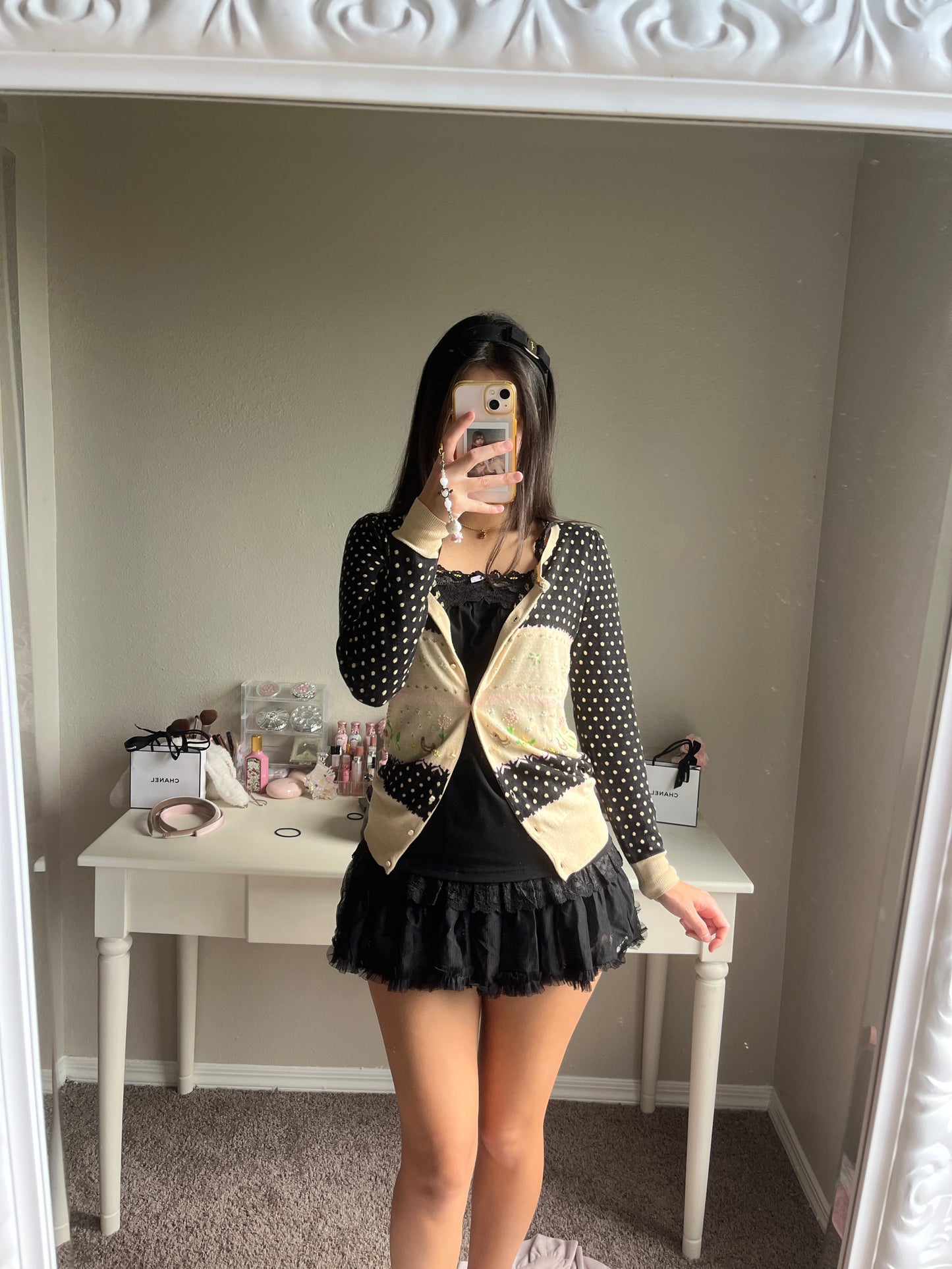 black polka motif cardigan