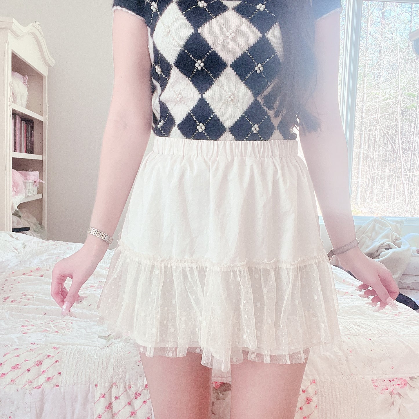 beige tulle accent mini skirt