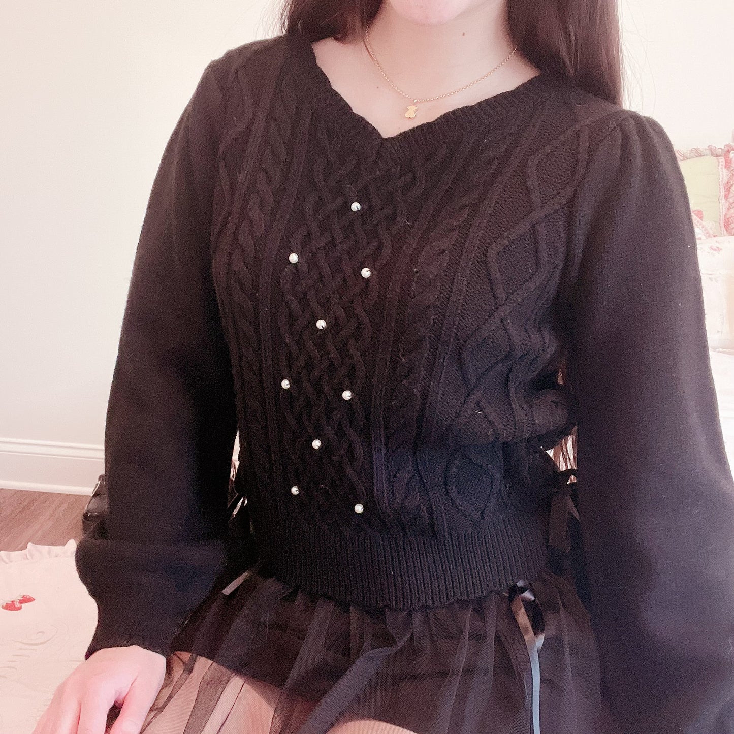 pearl accent cable knit sweater