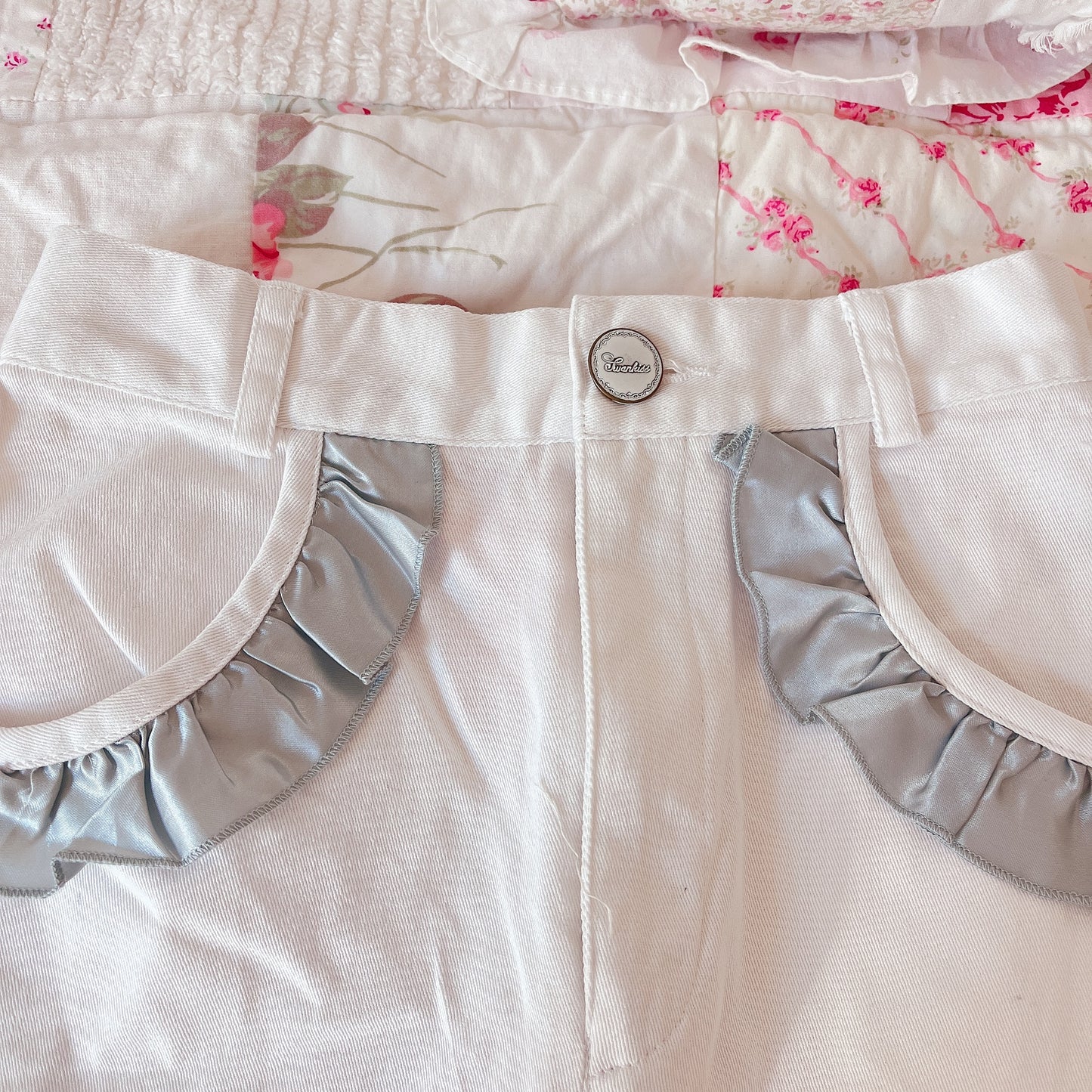 swankiss ribbon lace up denim skirt