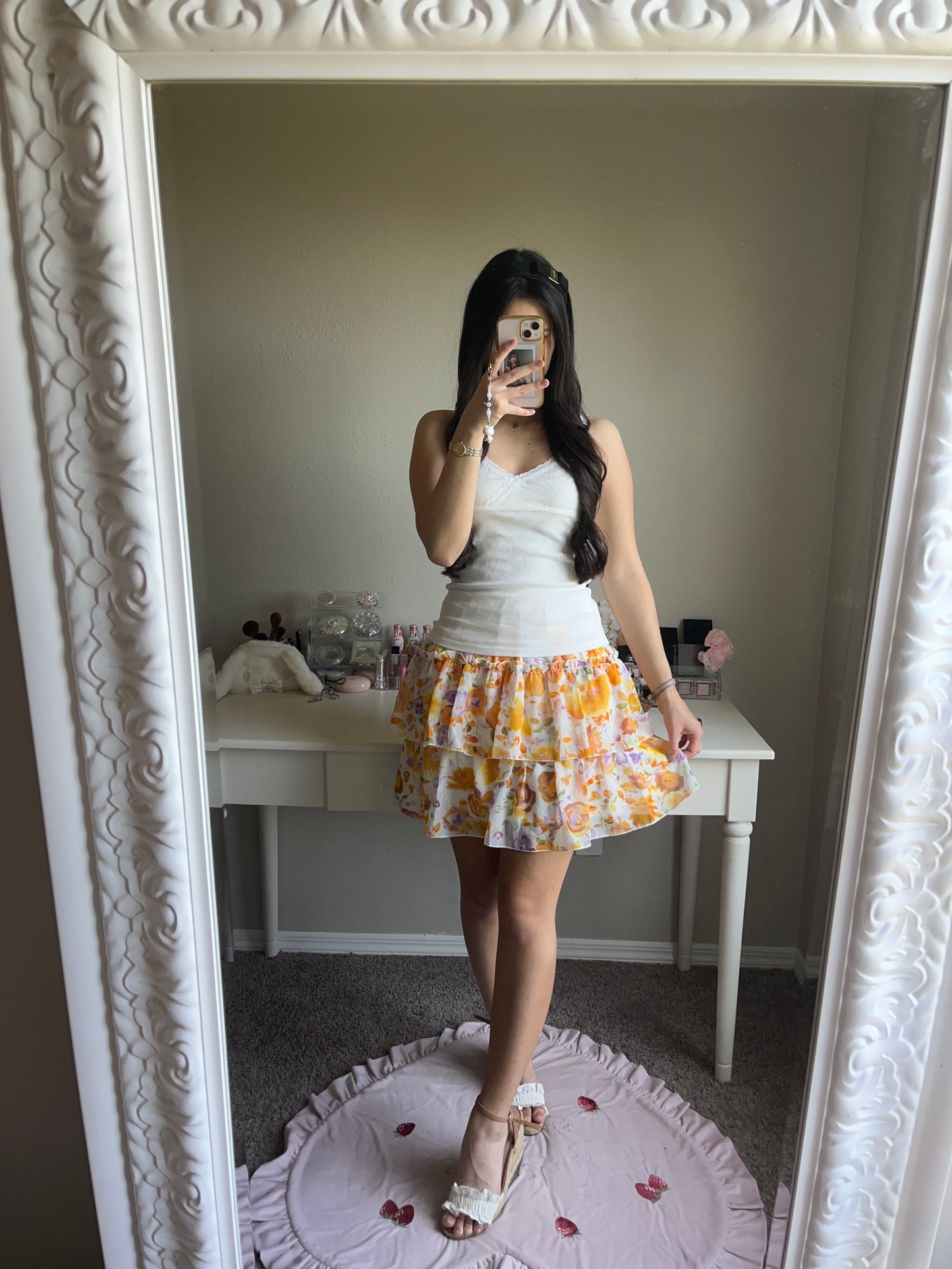 orange floral tiered skirt