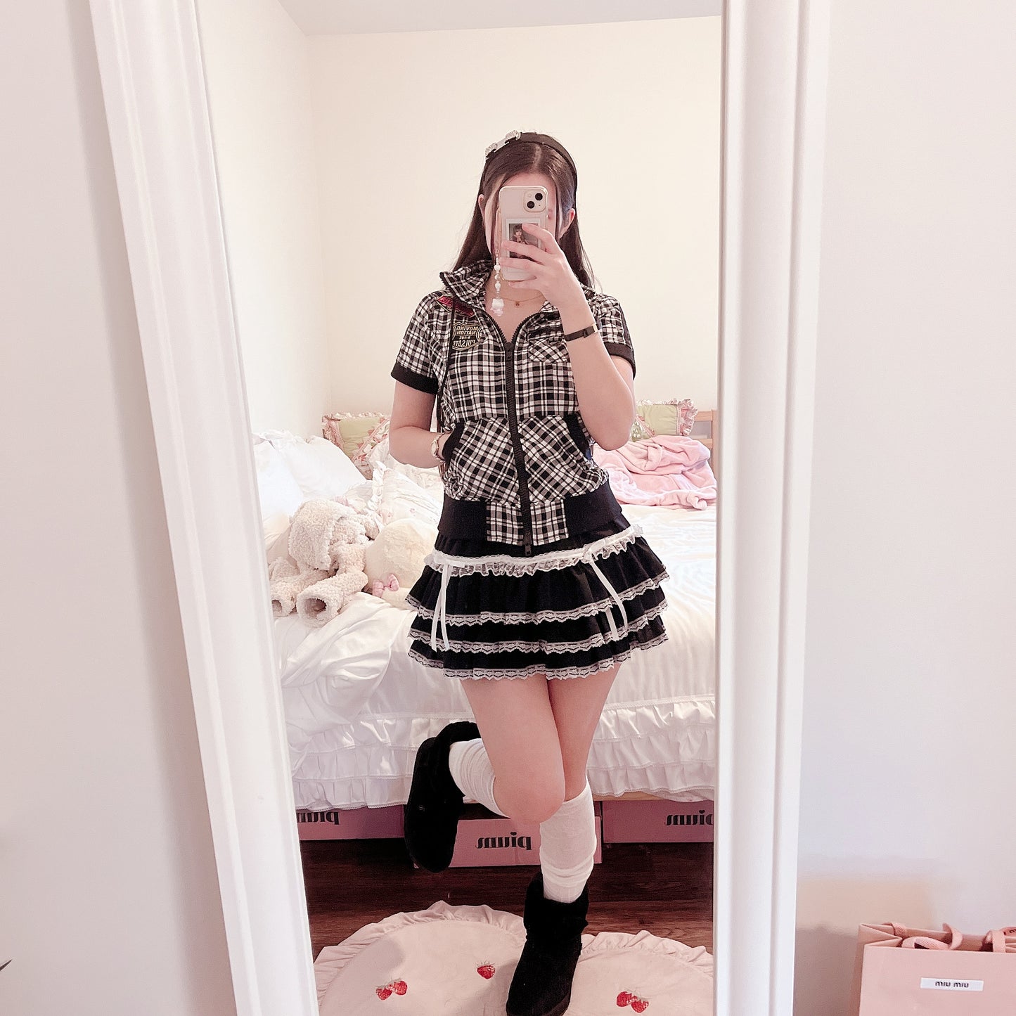 black and white plaid mini parka