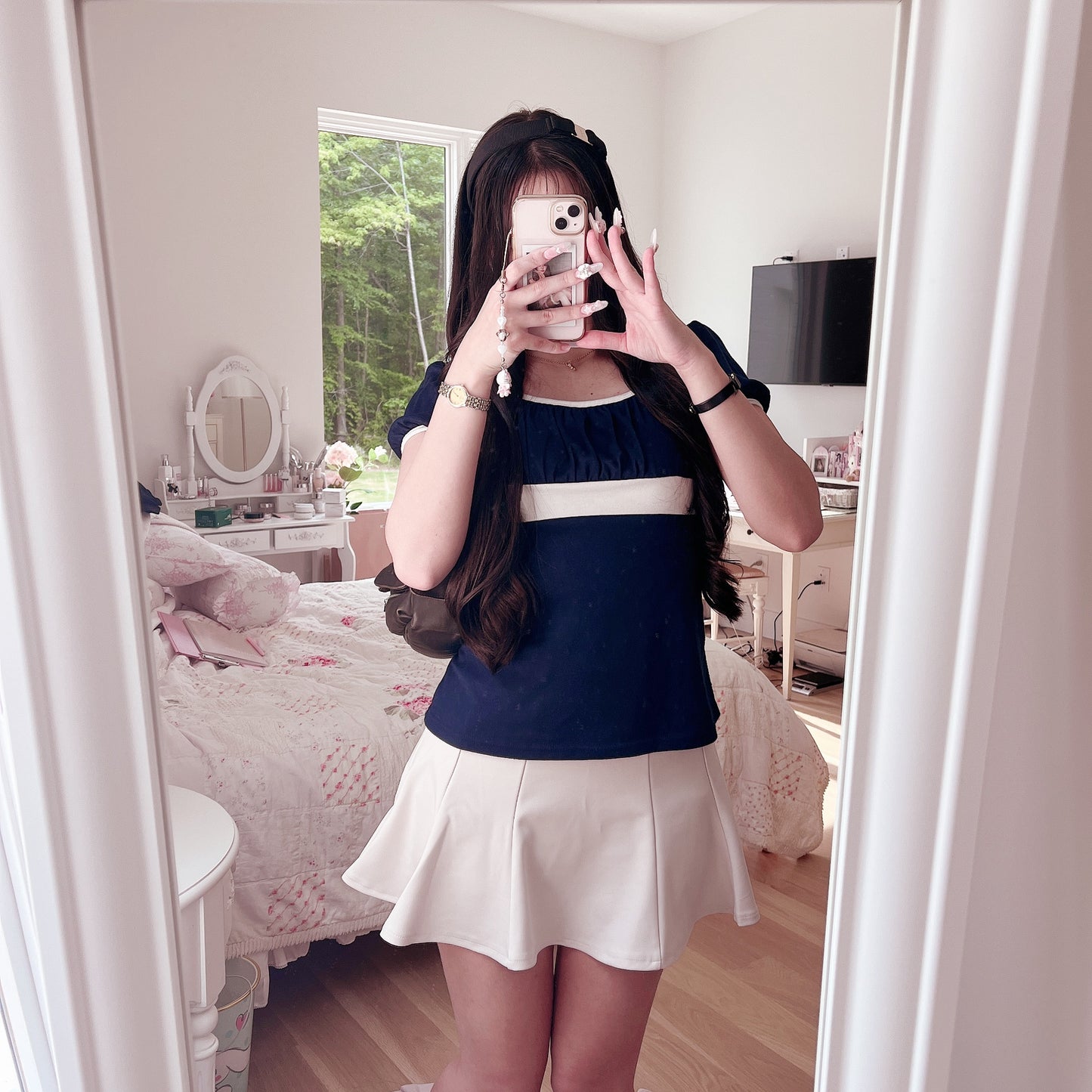 contrast stripe navy fitted top