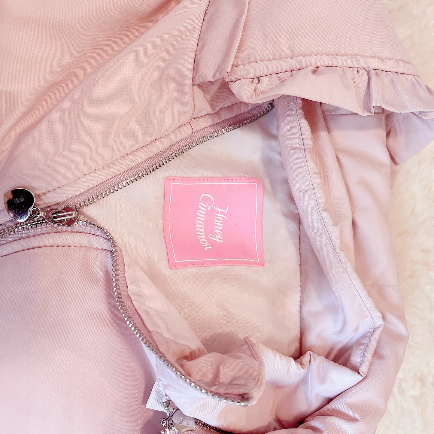 honey cinnamon puffy pink jacket