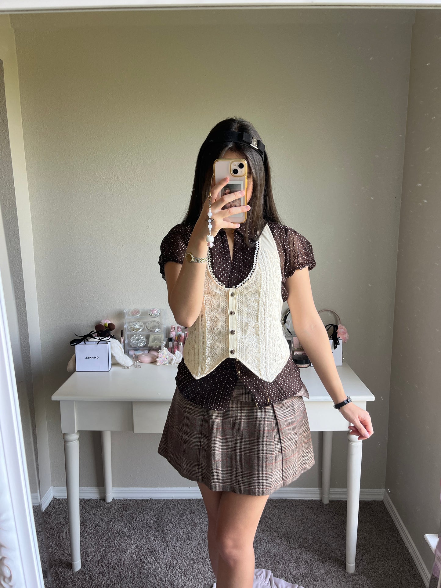 brown polka dot blouse