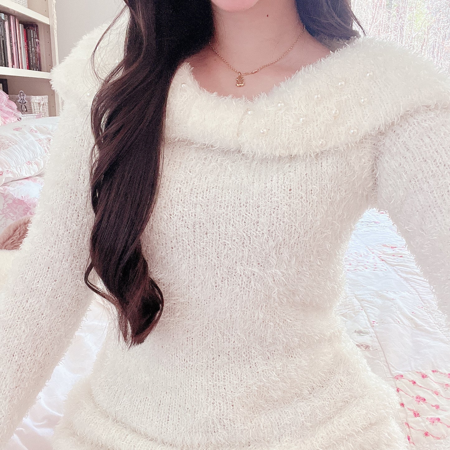 fuzzy moco shawl neckline sweater