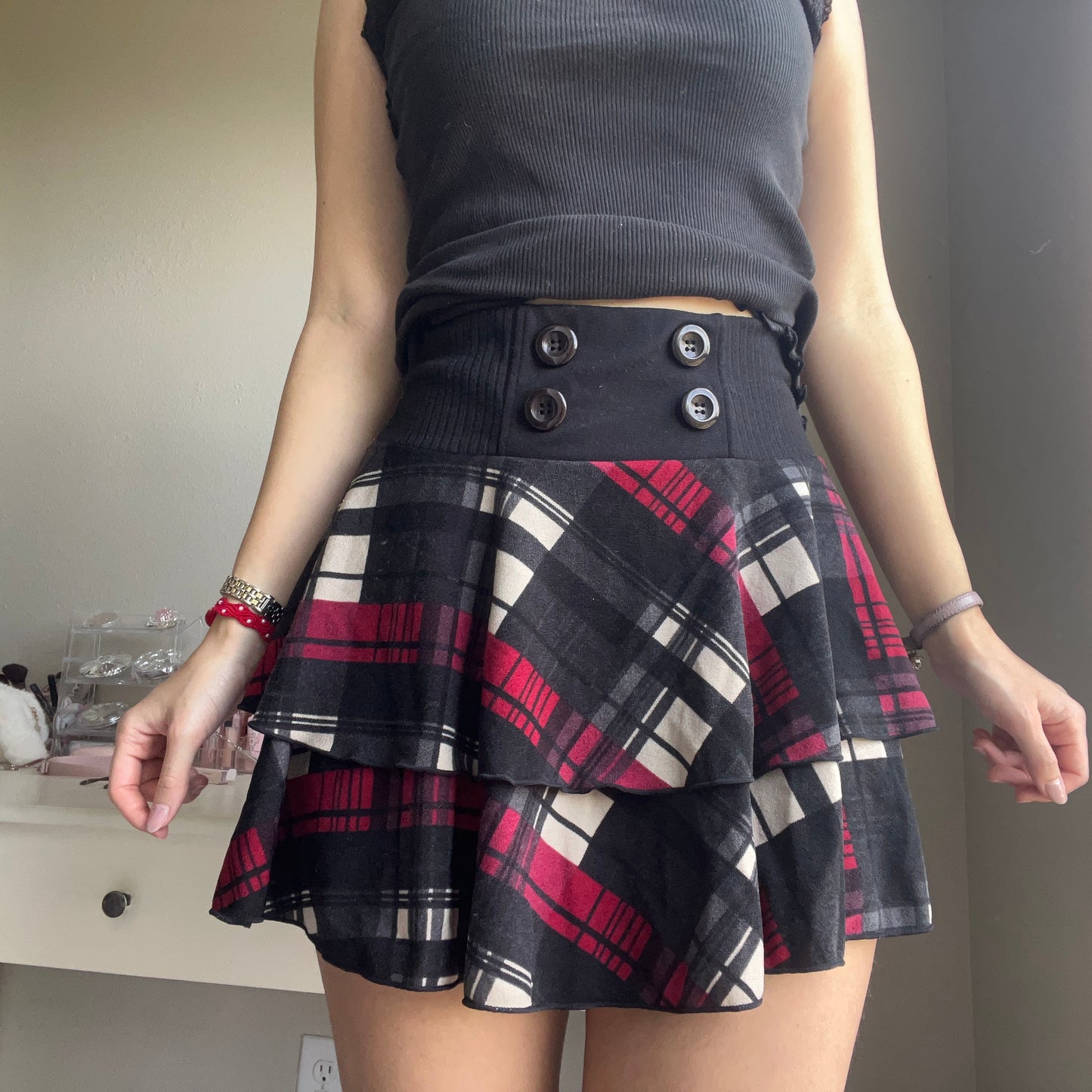 red plaid jersey skirt