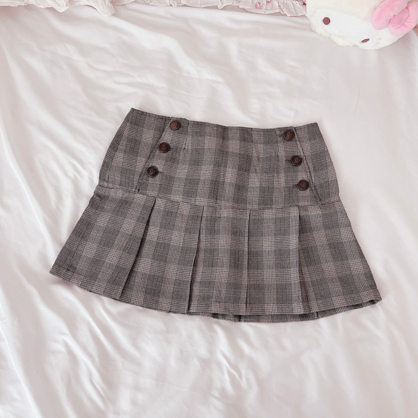 gray check button flap skirt