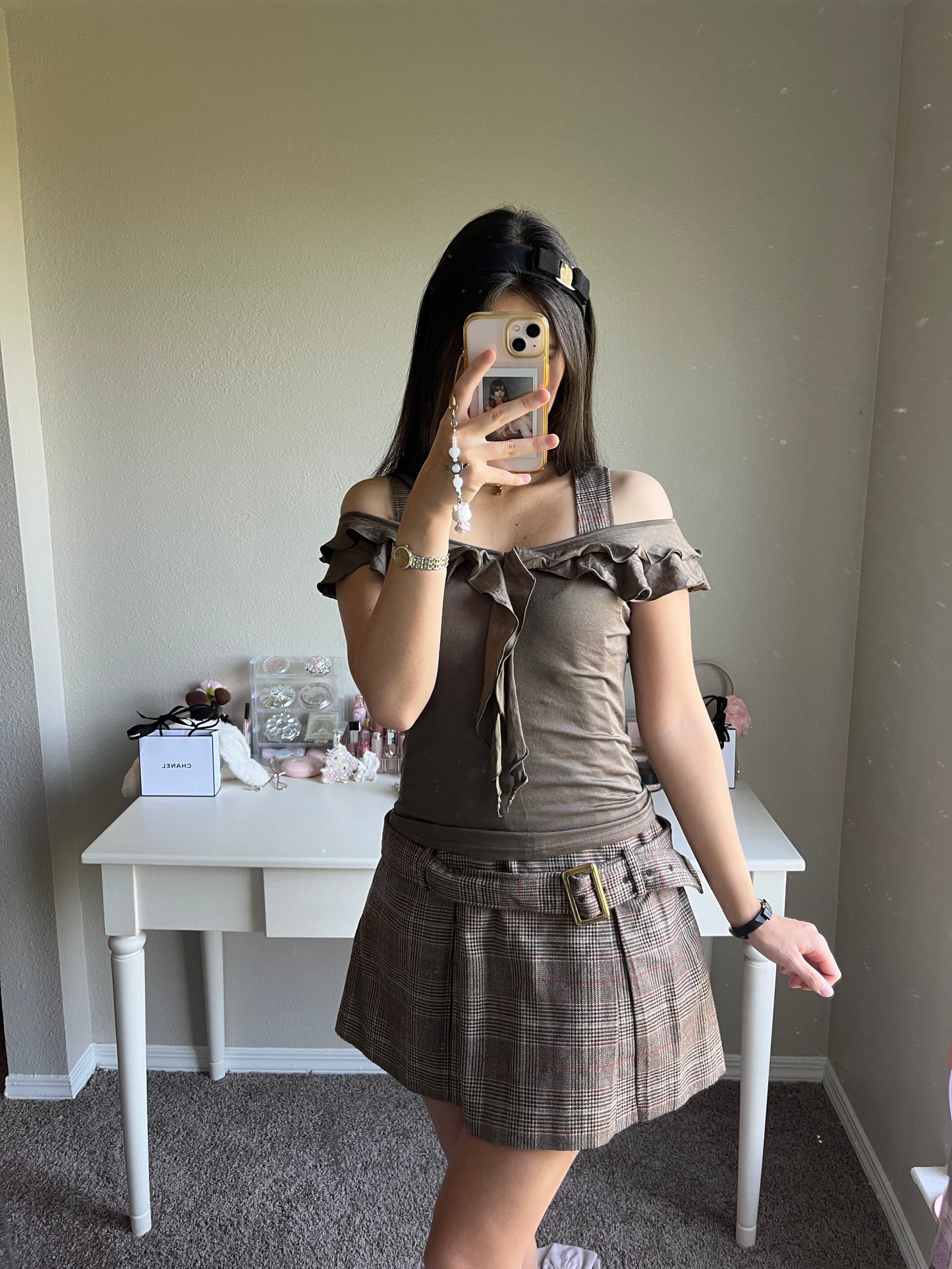 olive green ruffle top