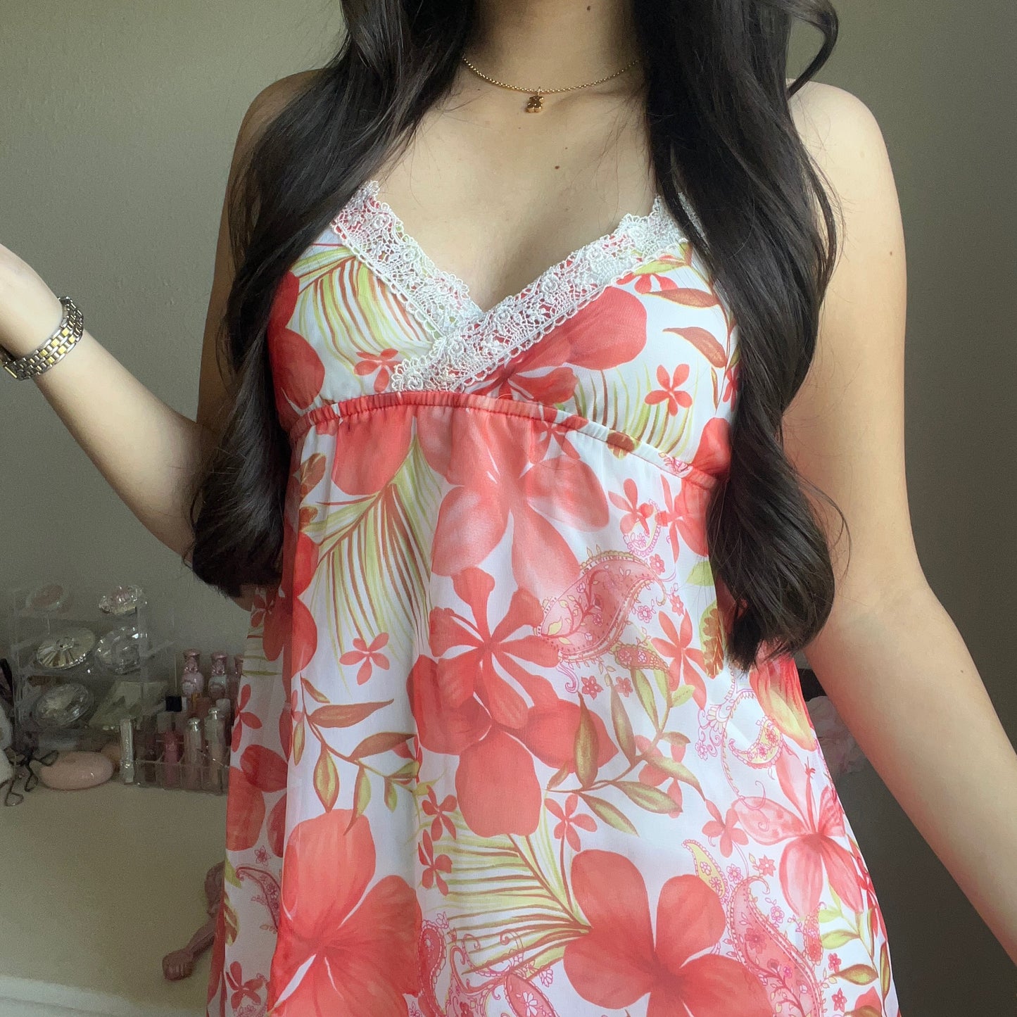 red summer hibiscus cami dress