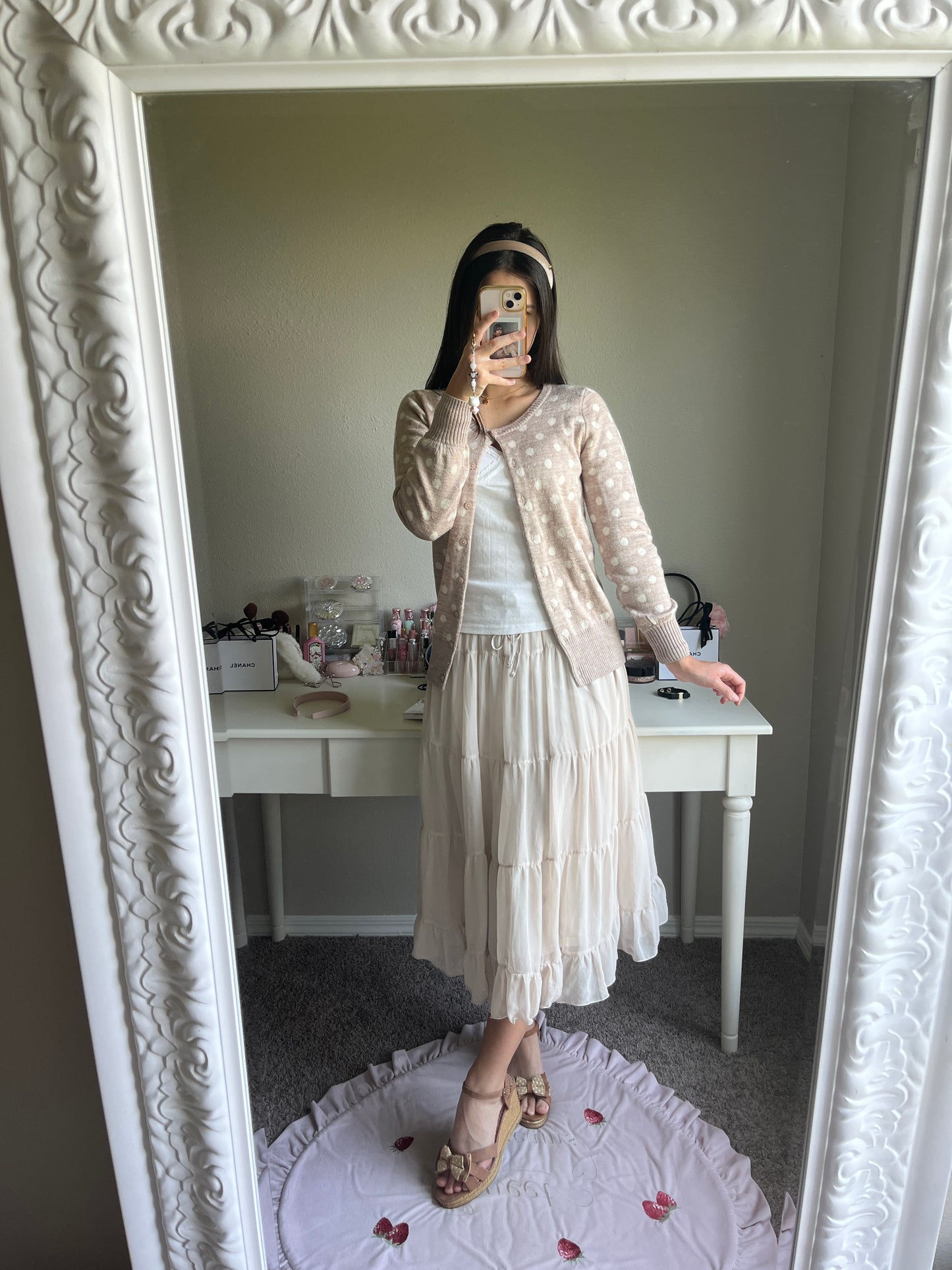 tan chiffon midi skirt