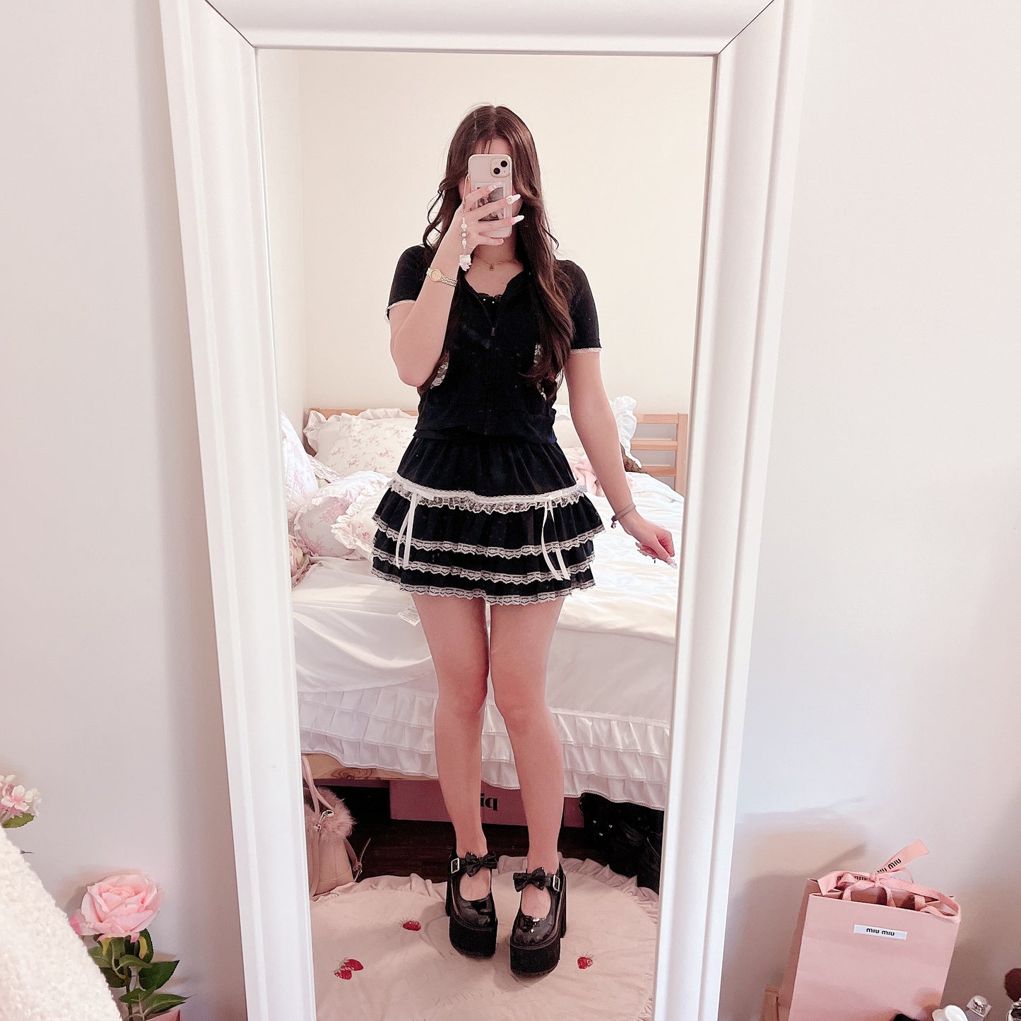 black lace trim mini parka & cami set
