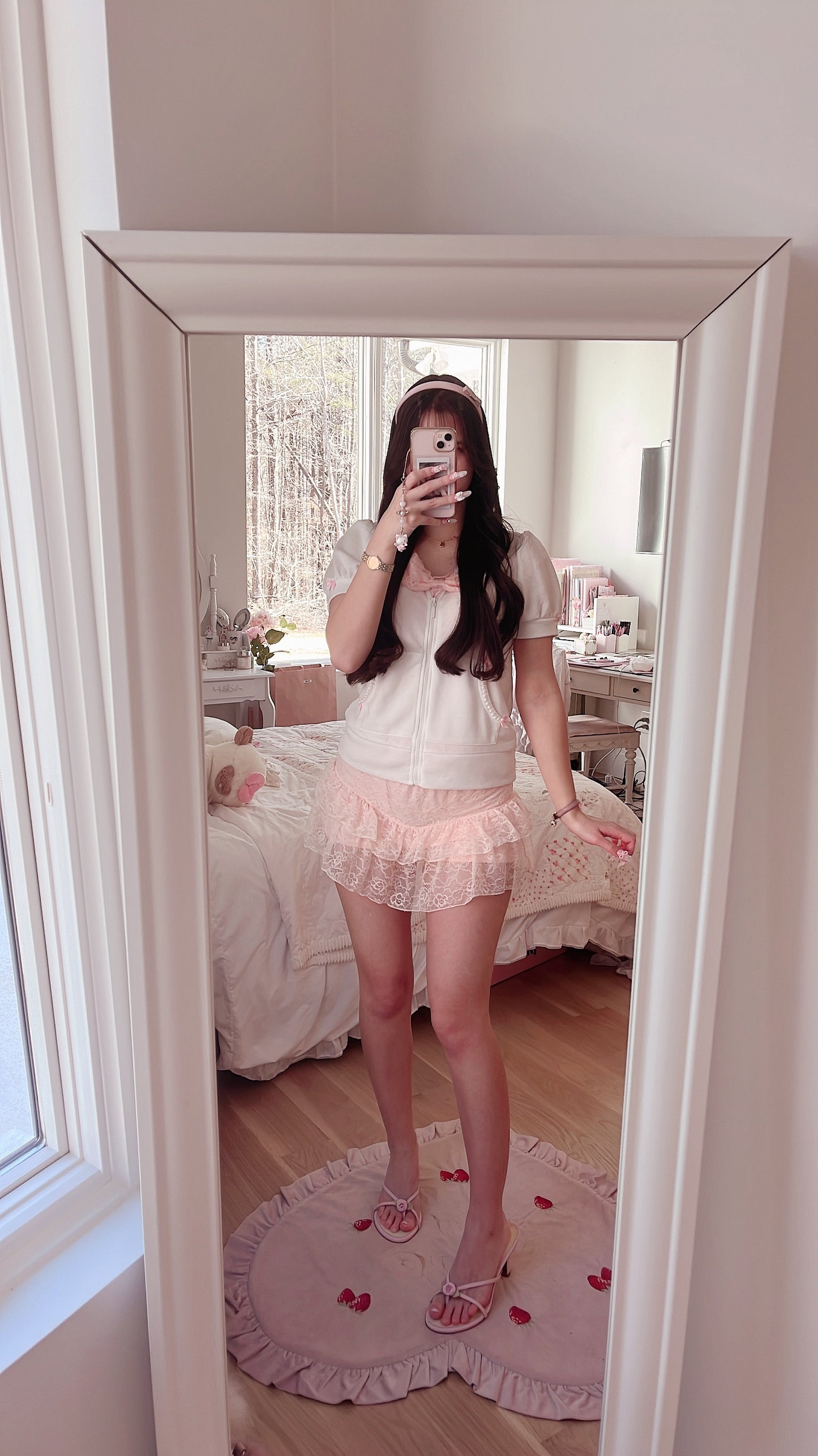 white ribbon accent short sleeve zip up