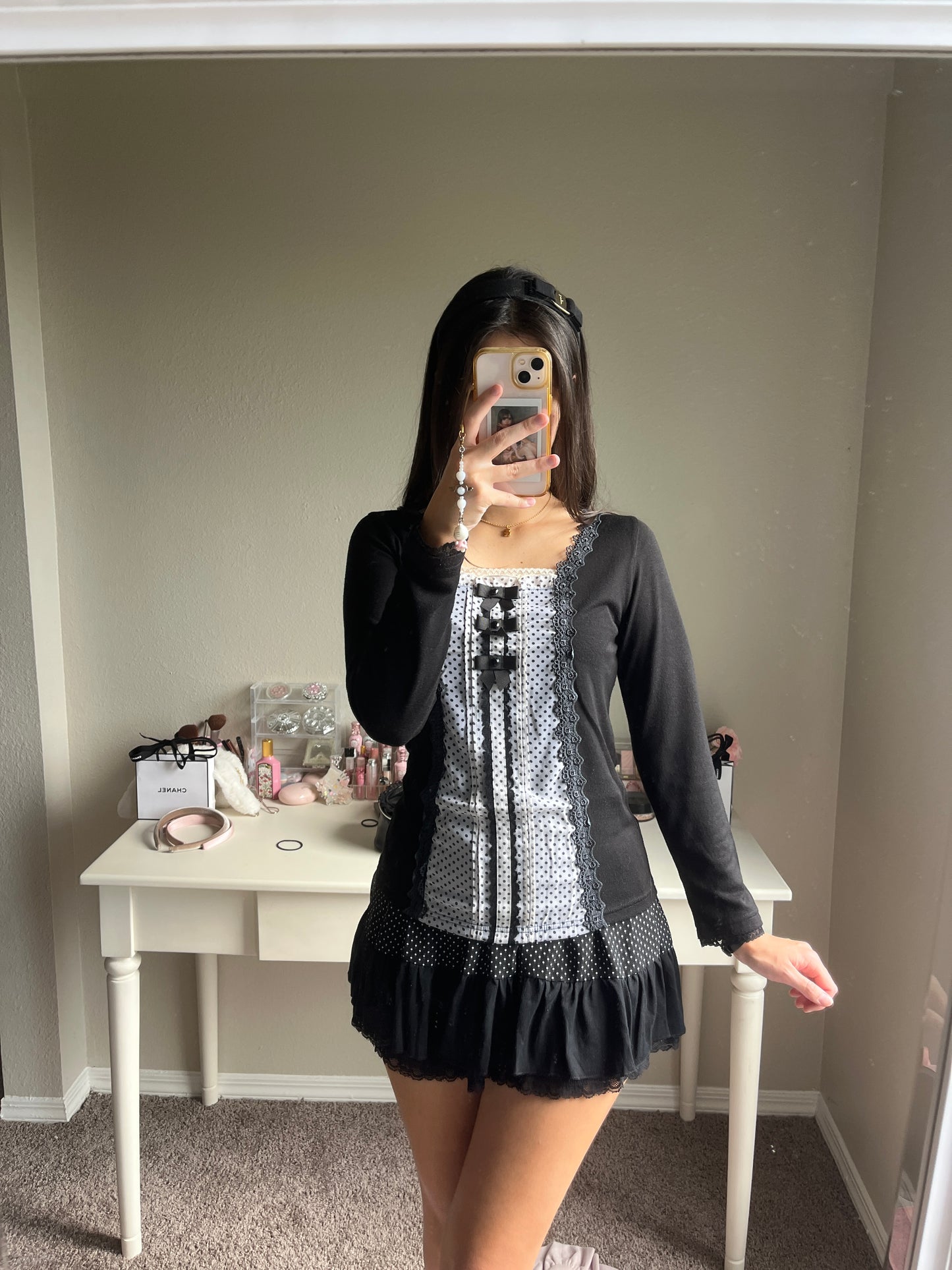 black polka dot layer top