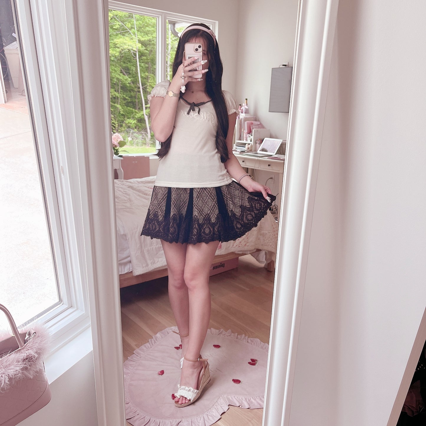 plaid velvet accent pleated skirt