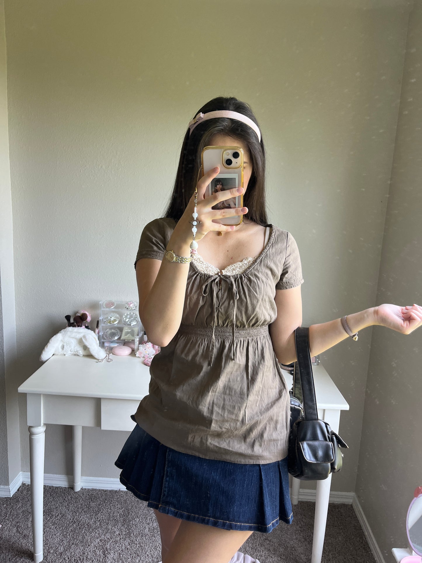 brown scoop neck milkmaid top