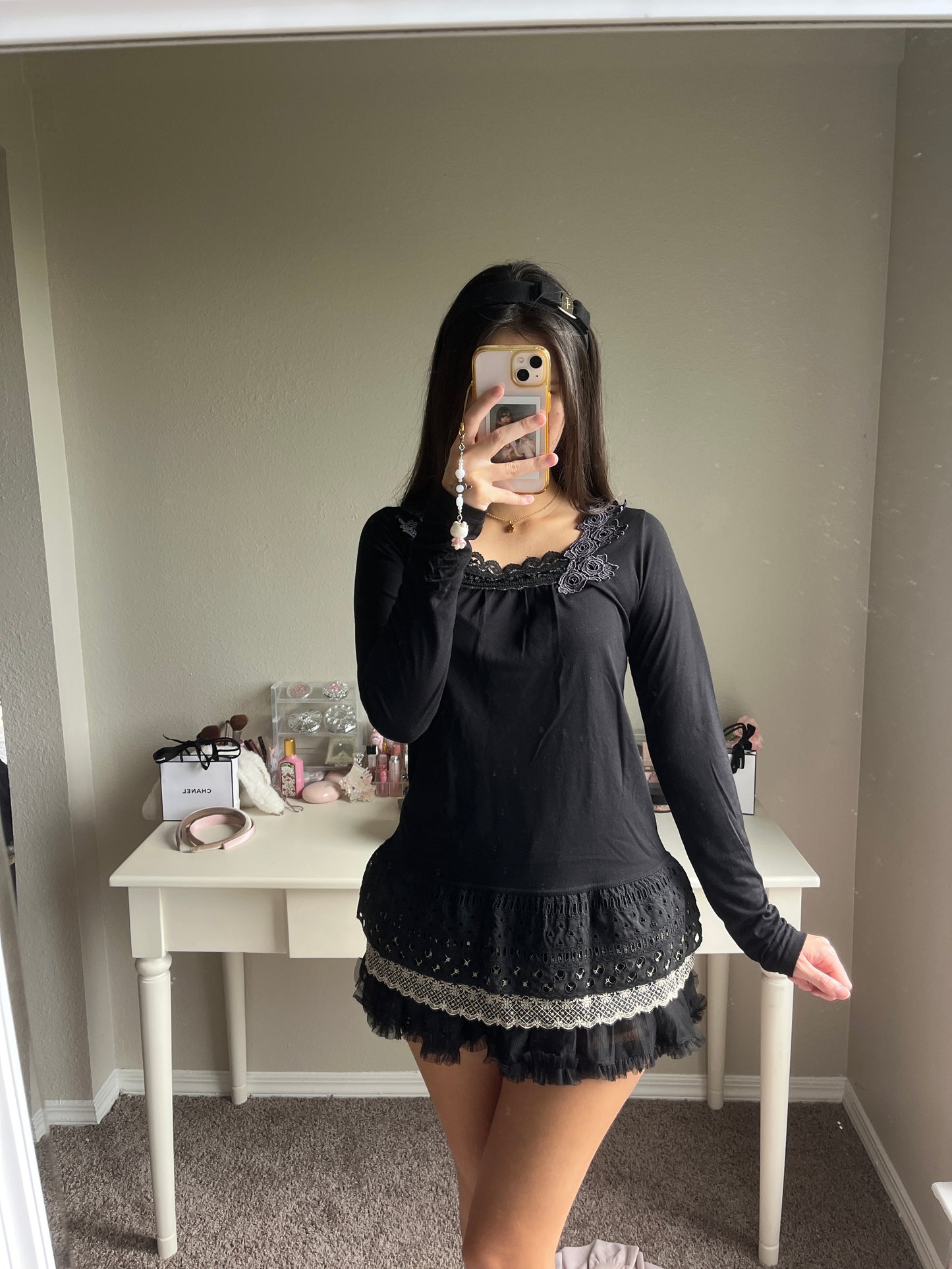 black ruffle accent long sleeve top
