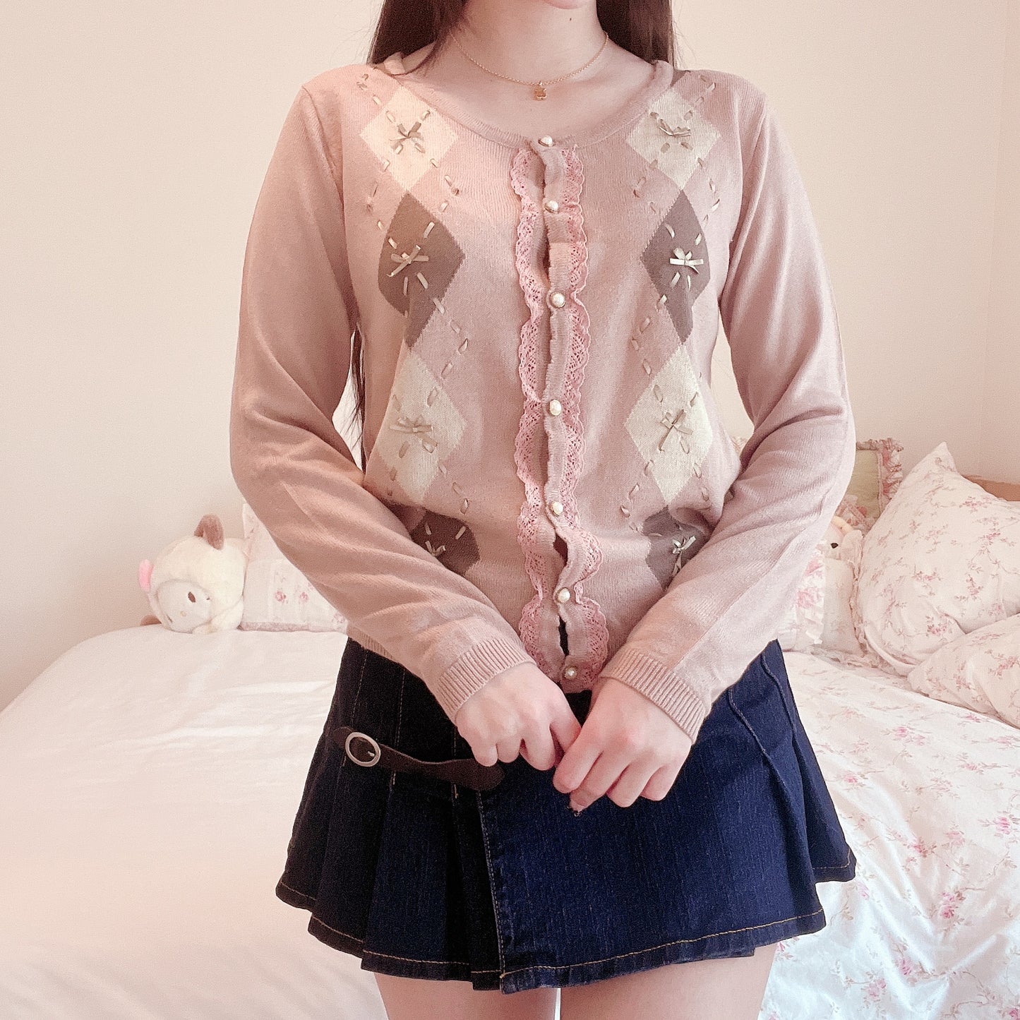 pink and brown argyle cardigan