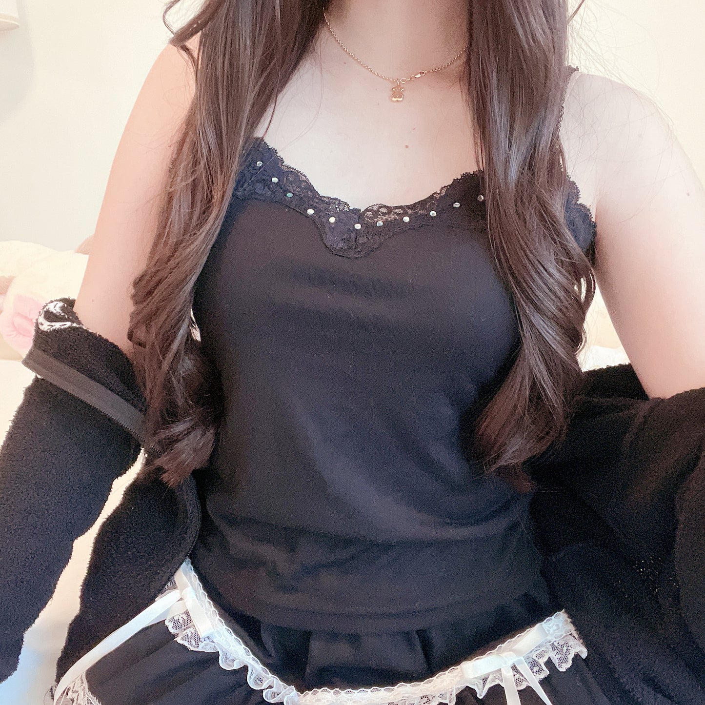 black lace trim mini parka & cami set