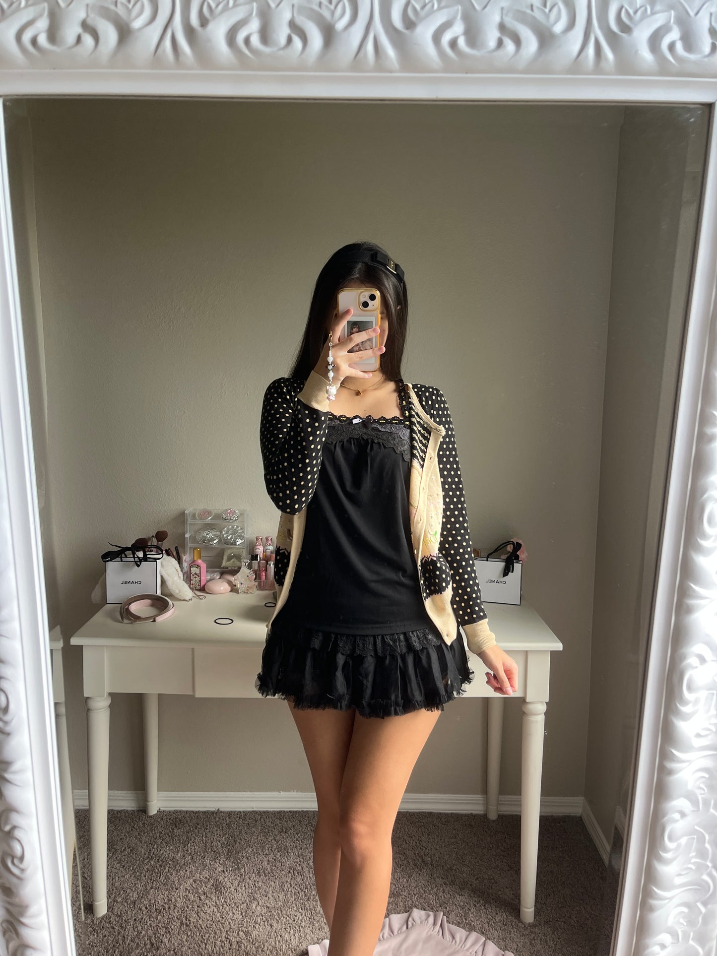 black polka motif cardigan