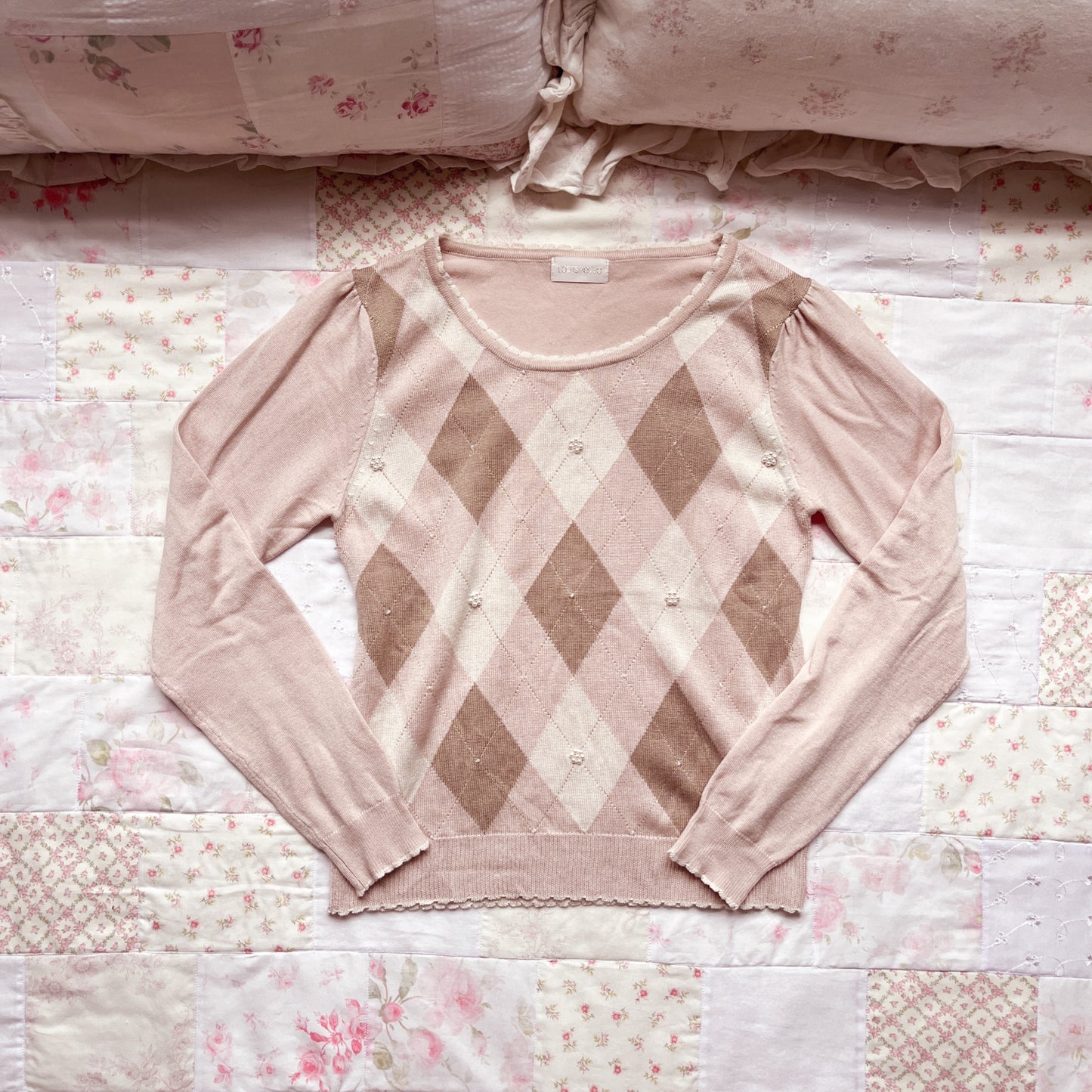 soft pink caramel argyle knit top