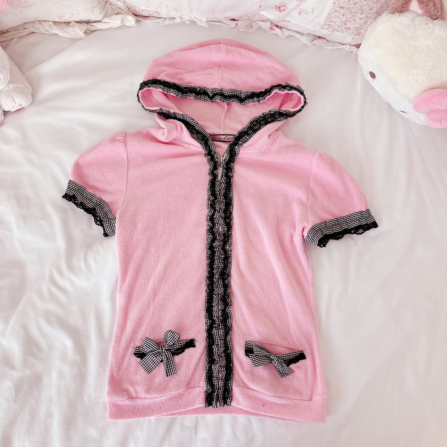 pink gingham trim mini parka