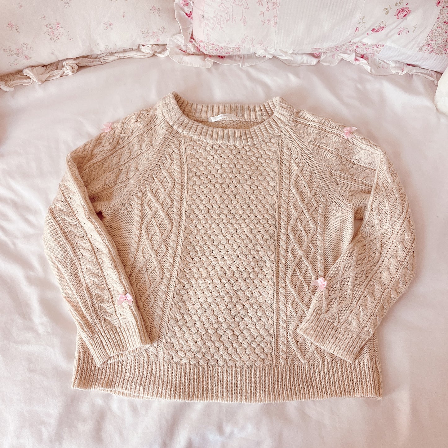 ribbon accent cable knit sweater
