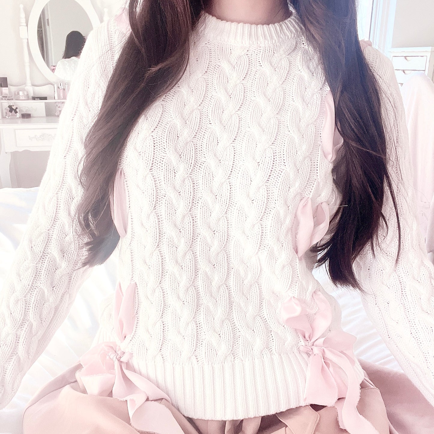 ribbon lace-up cable knit sweater