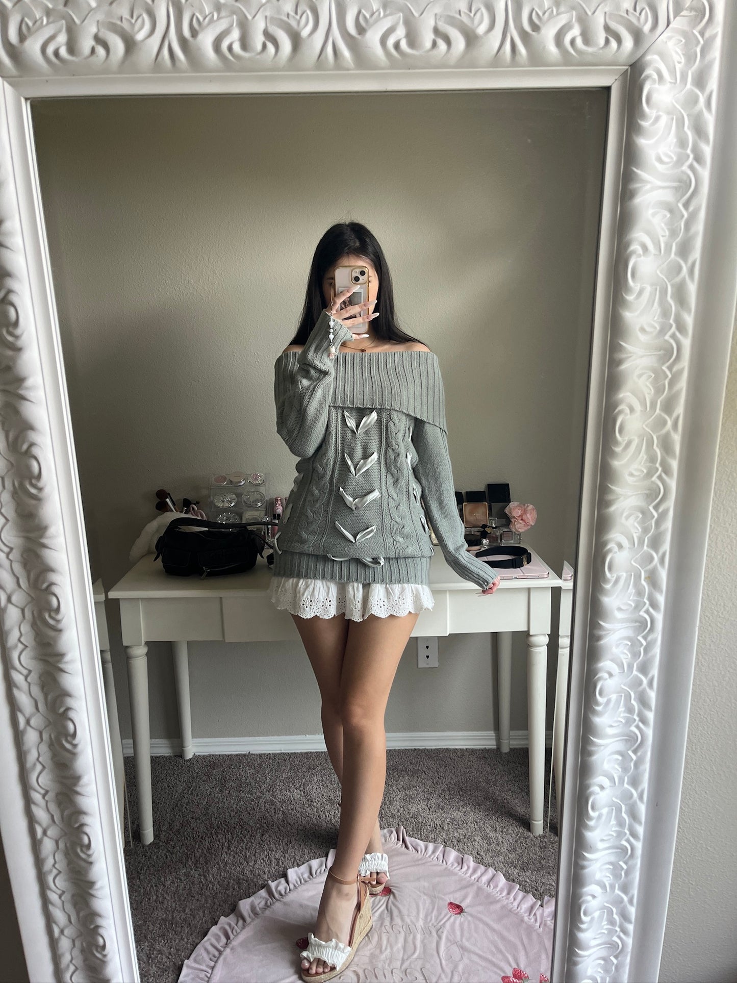 blue gray off shoulder mini dress