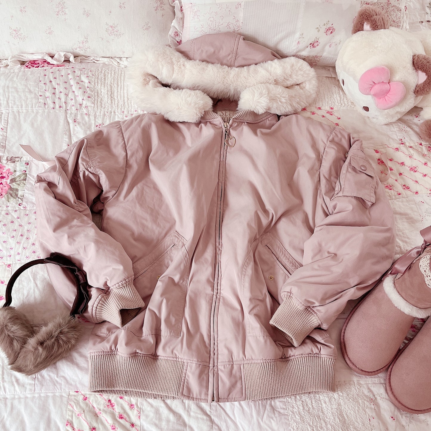 secret honey fur trim bomber jacket