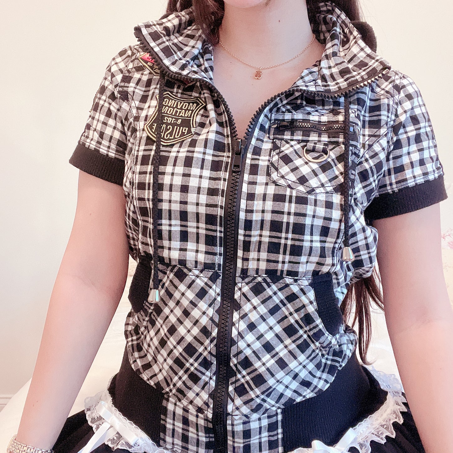black and white plaid mini parka