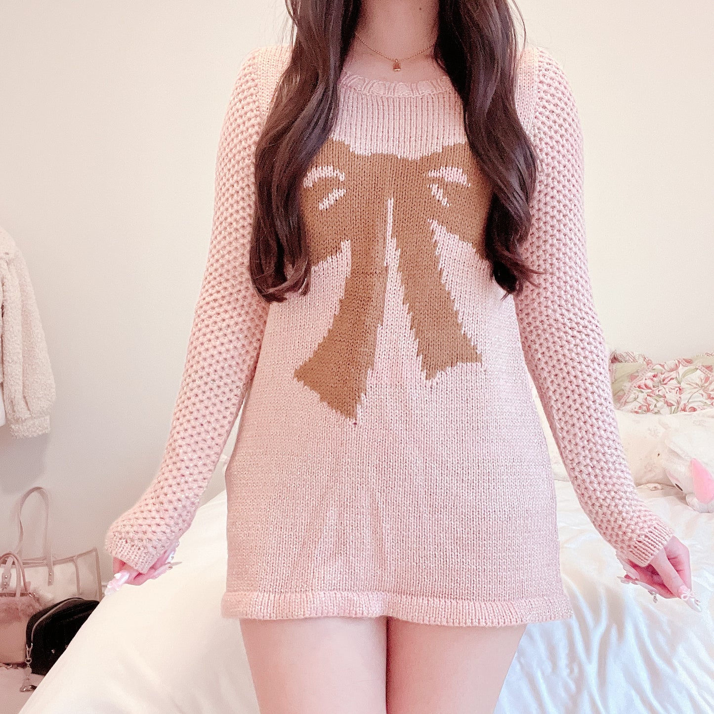 ribbon accent pink sweater dress