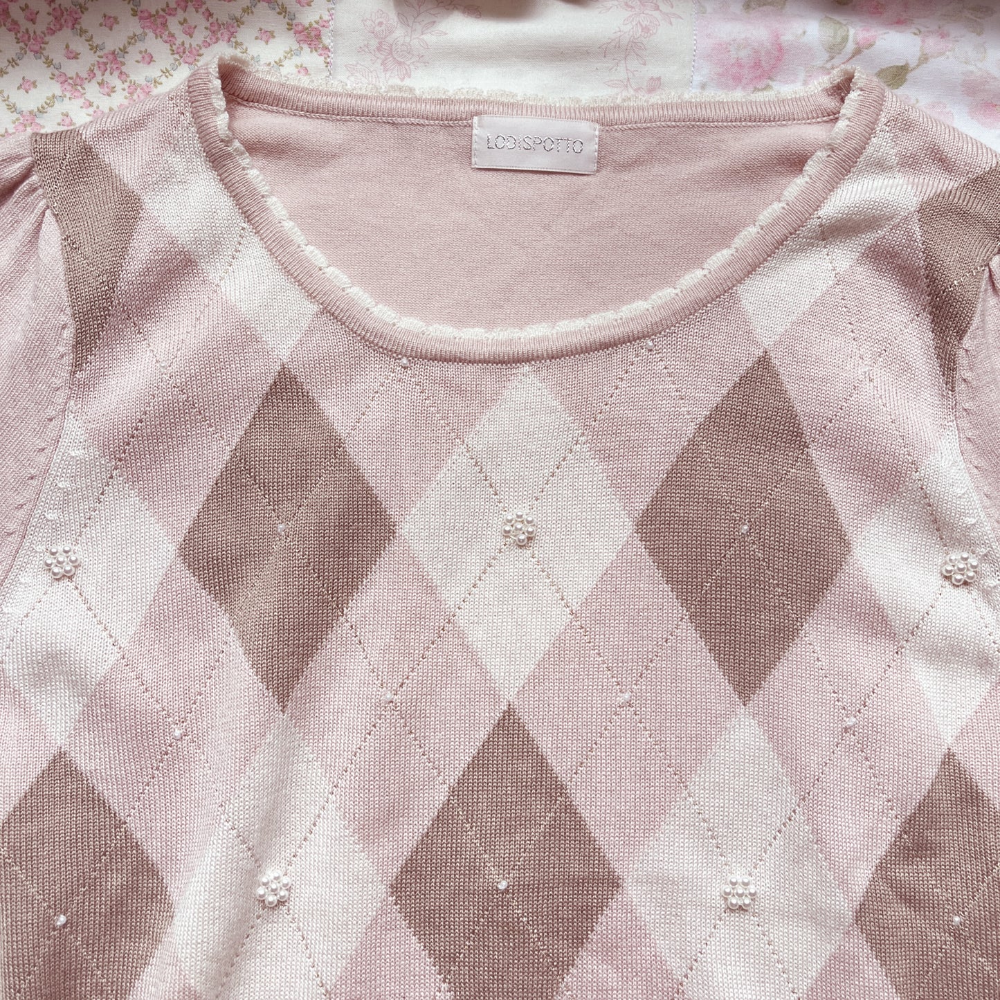 soft pink caramel argyle knit top