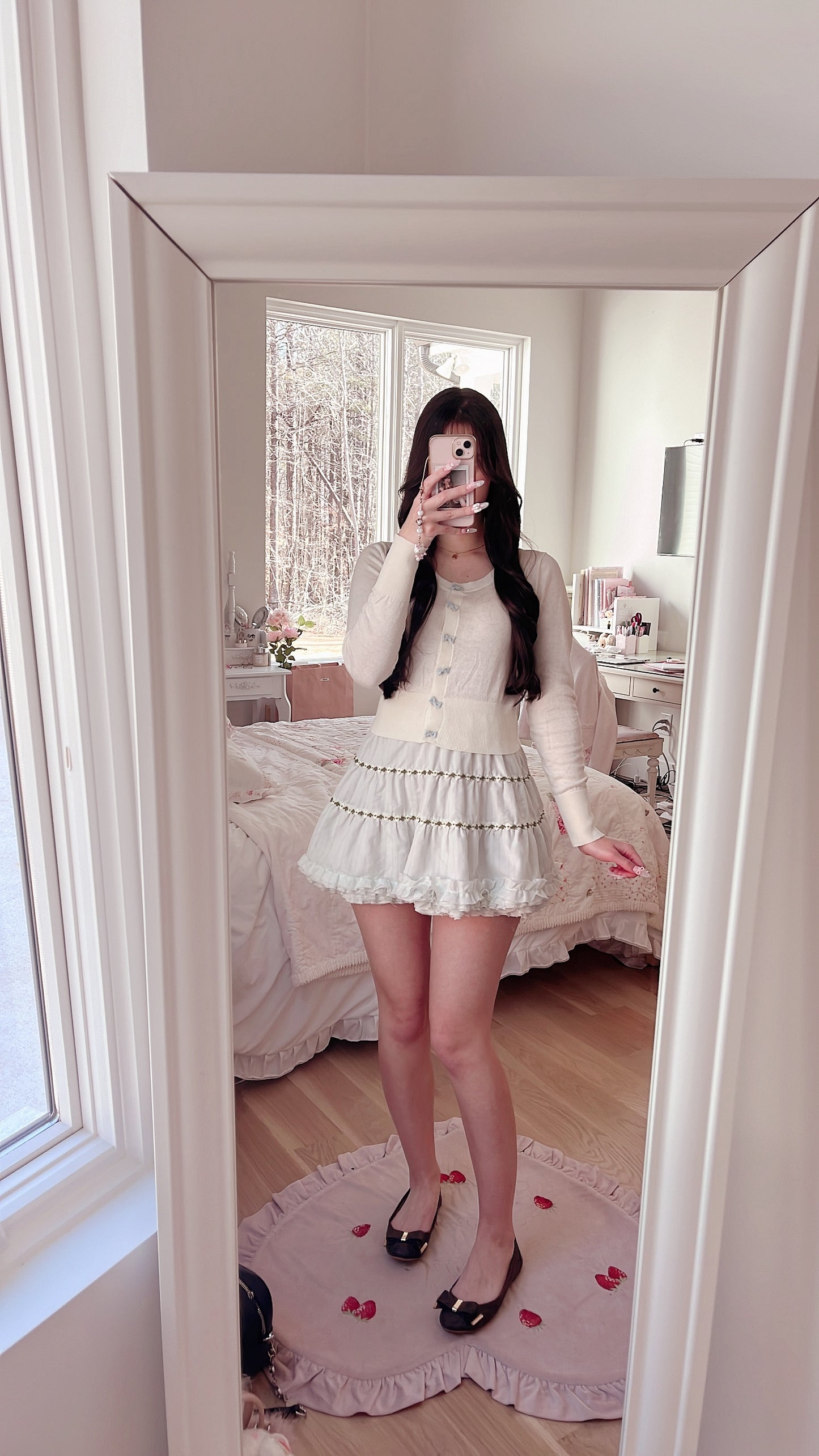 blue ribbon accent cream cardigan