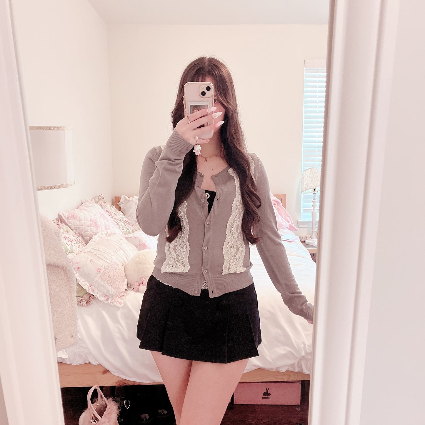 gray lace accent soft cardigan