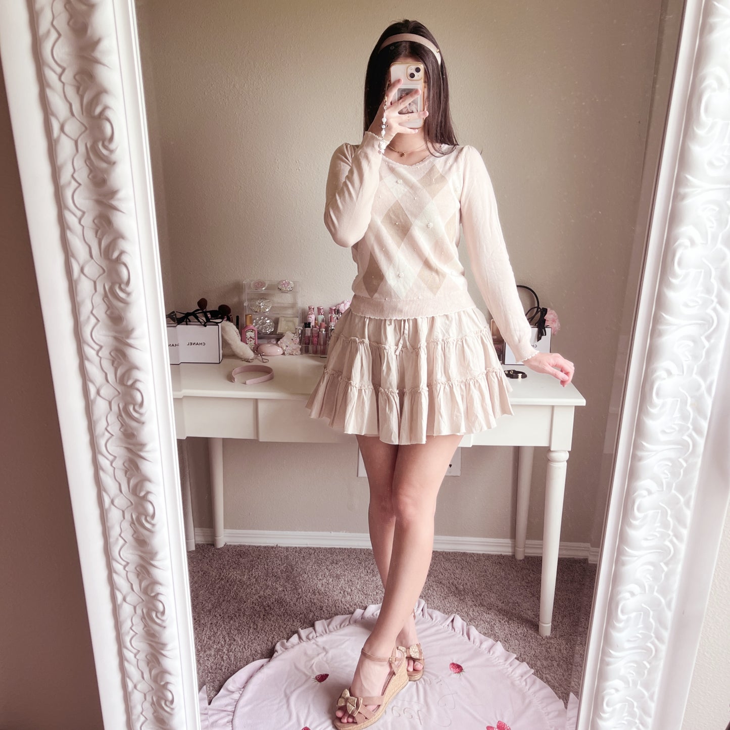 soft pink caramel argyle knit top