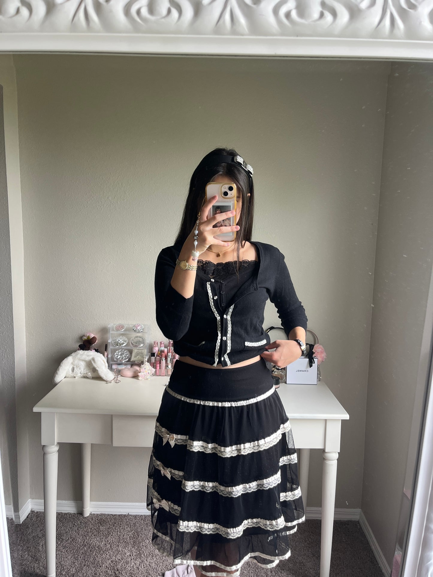 black tiered ribbon accent midi skirt