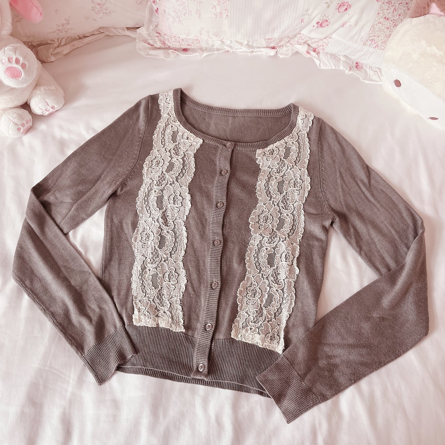 gray lace accent soft cardigan