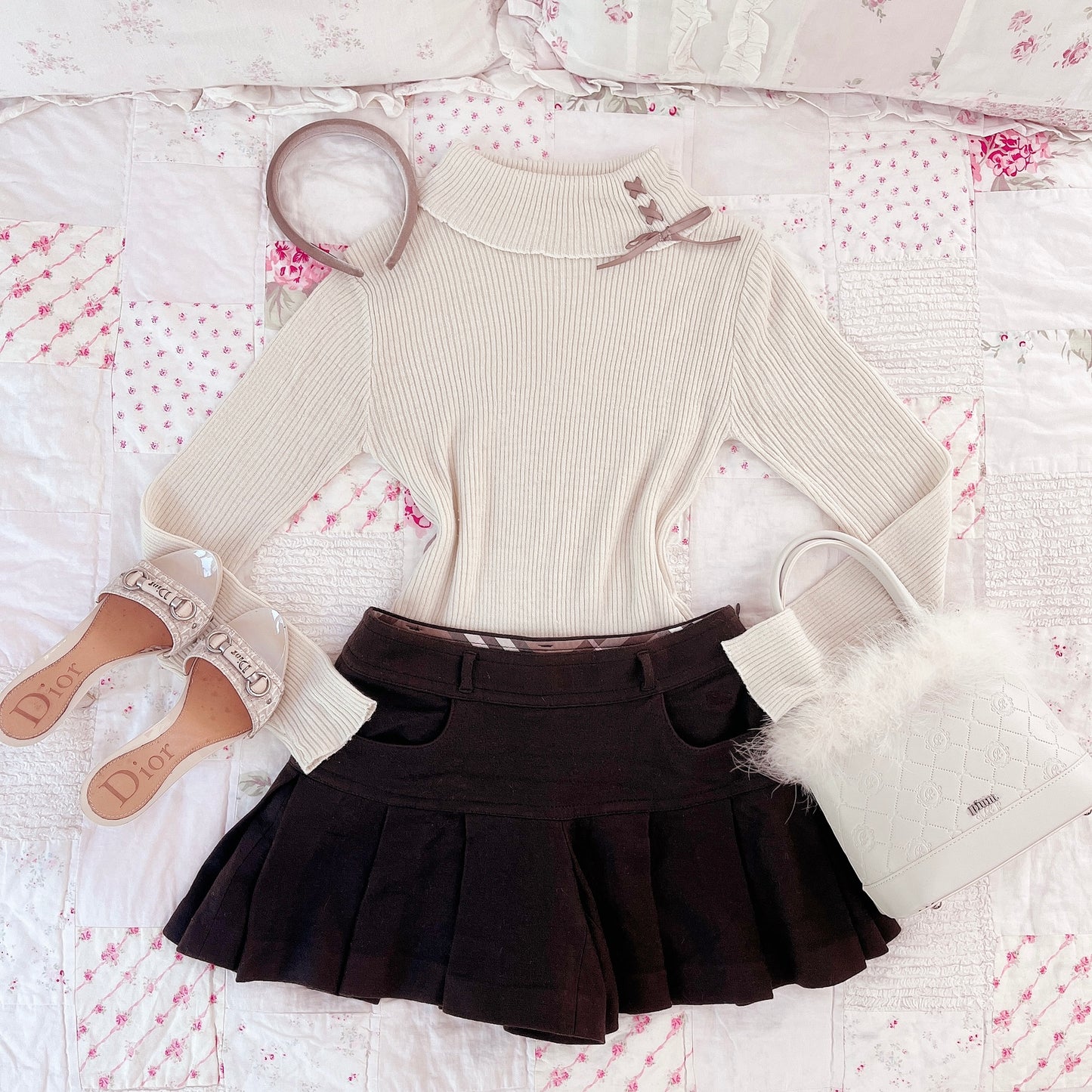 beige pink ribbon accent turtleneck