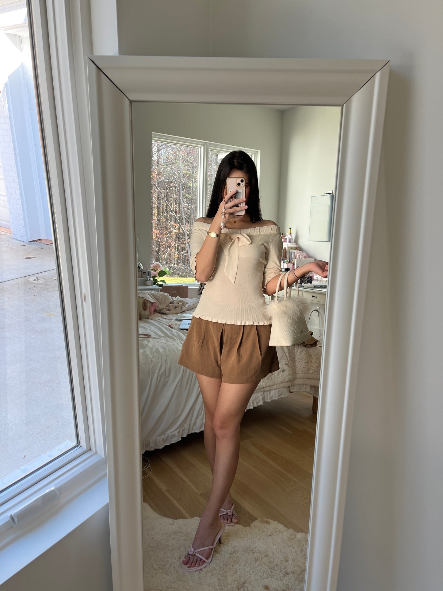 cream off-shoulder fitted top