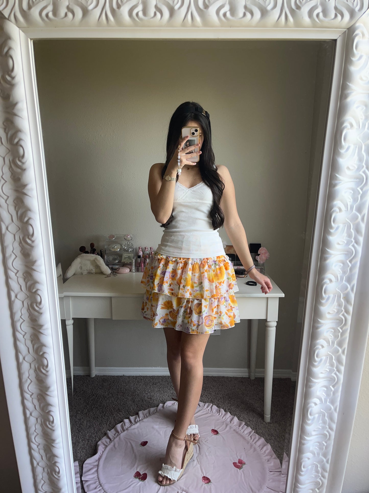 orange floral tiered skirt