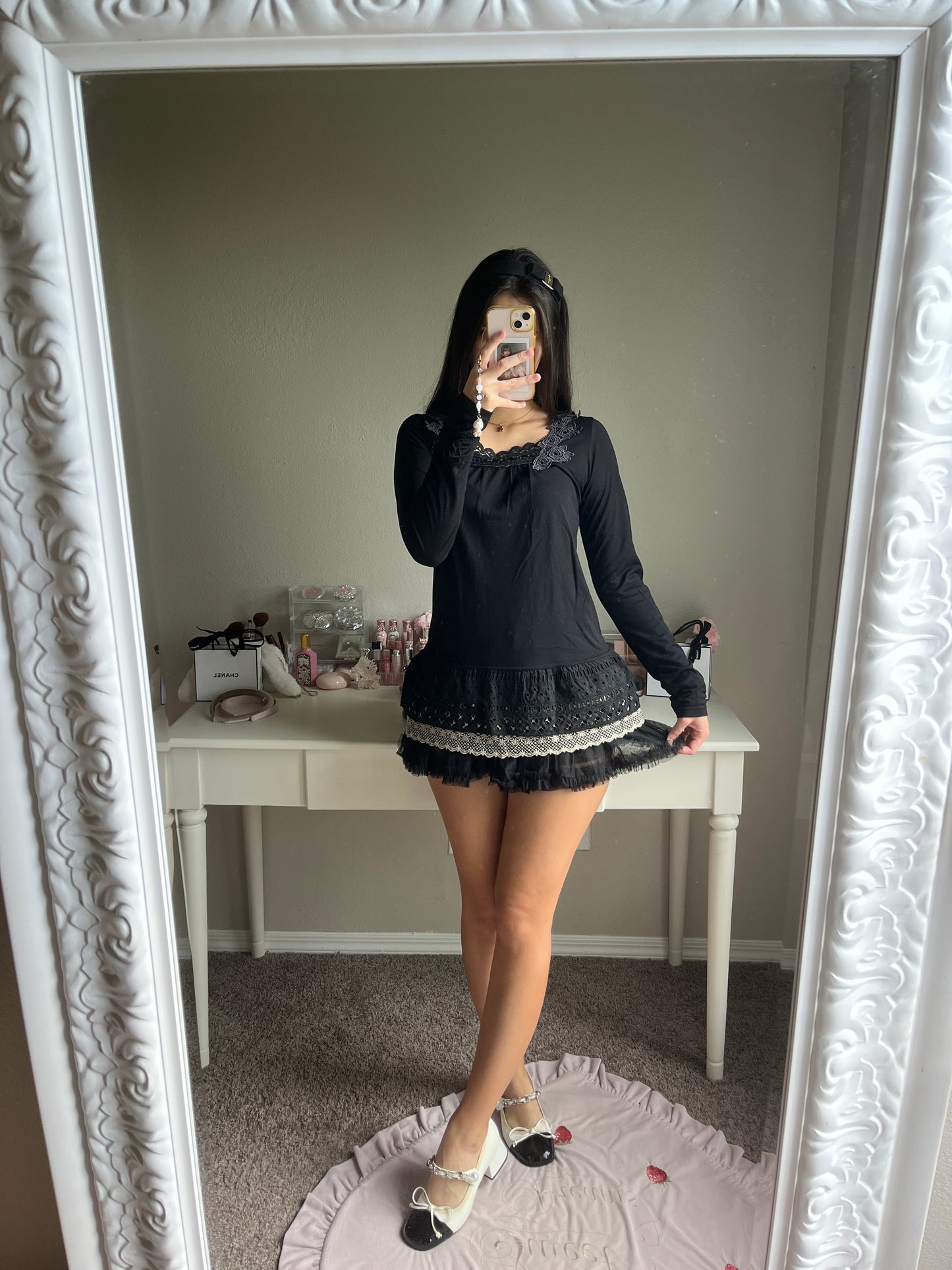 black ruffle accent long sleeve top