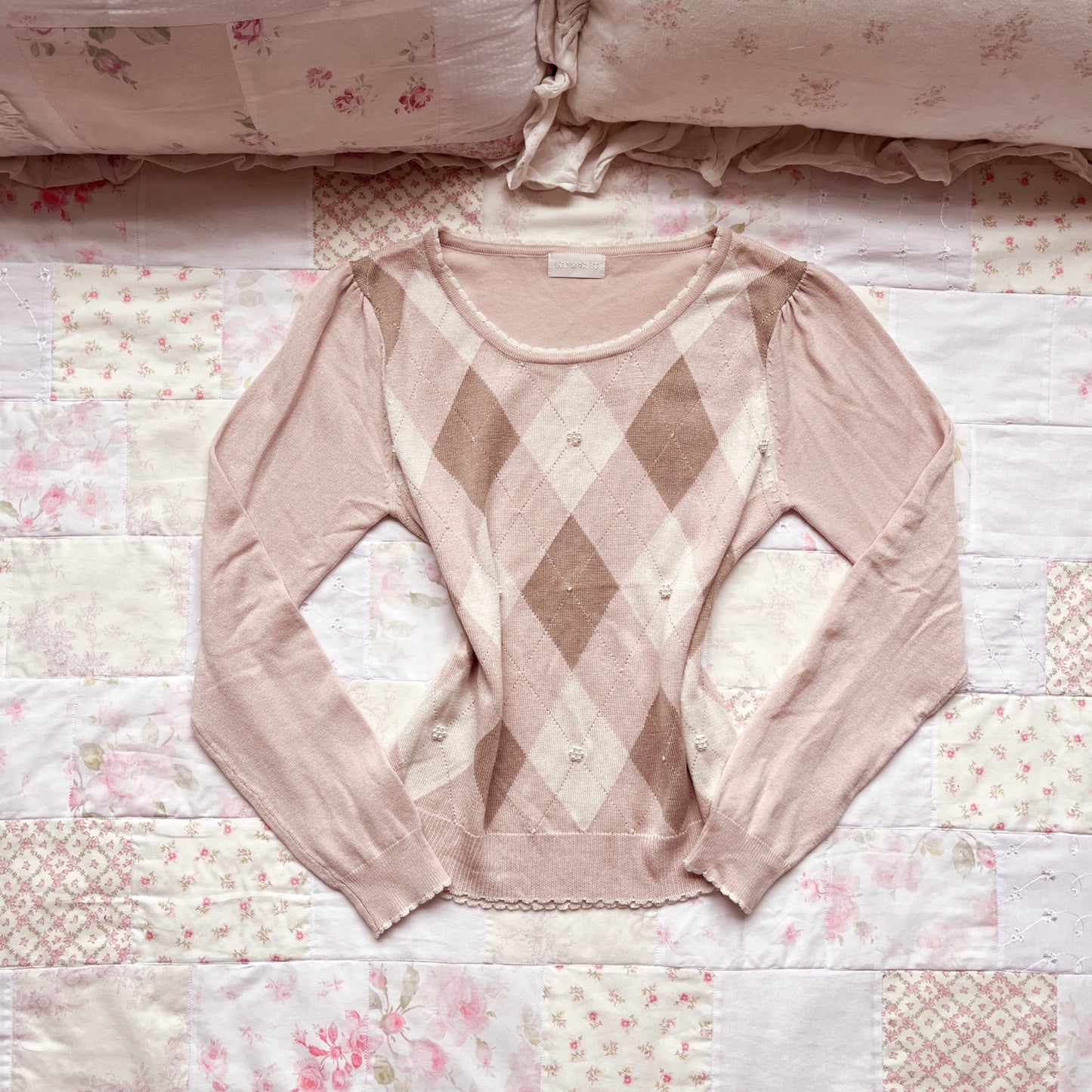 soft pink caramel argyle knit top