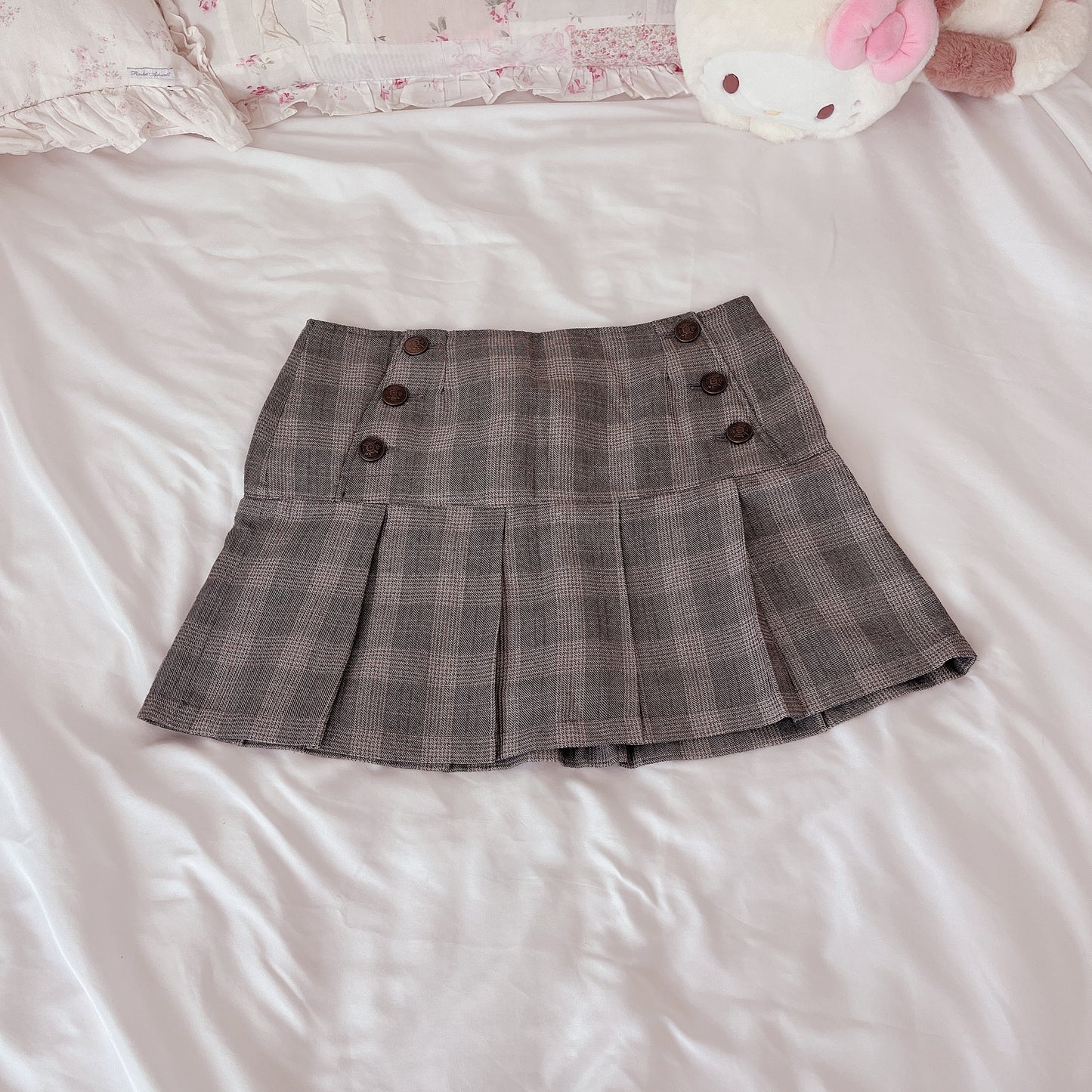 gray check button flap skirt