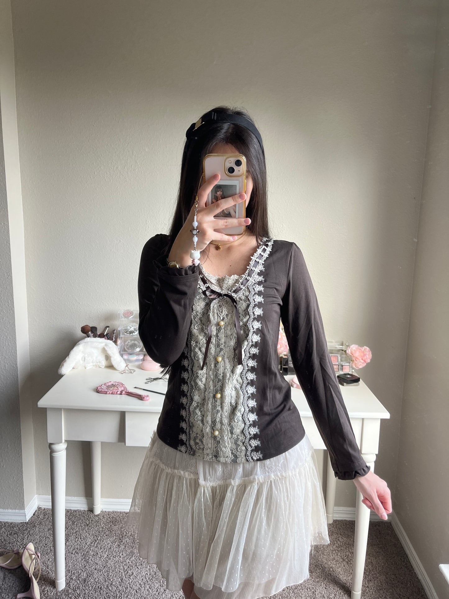 brown lace accent top