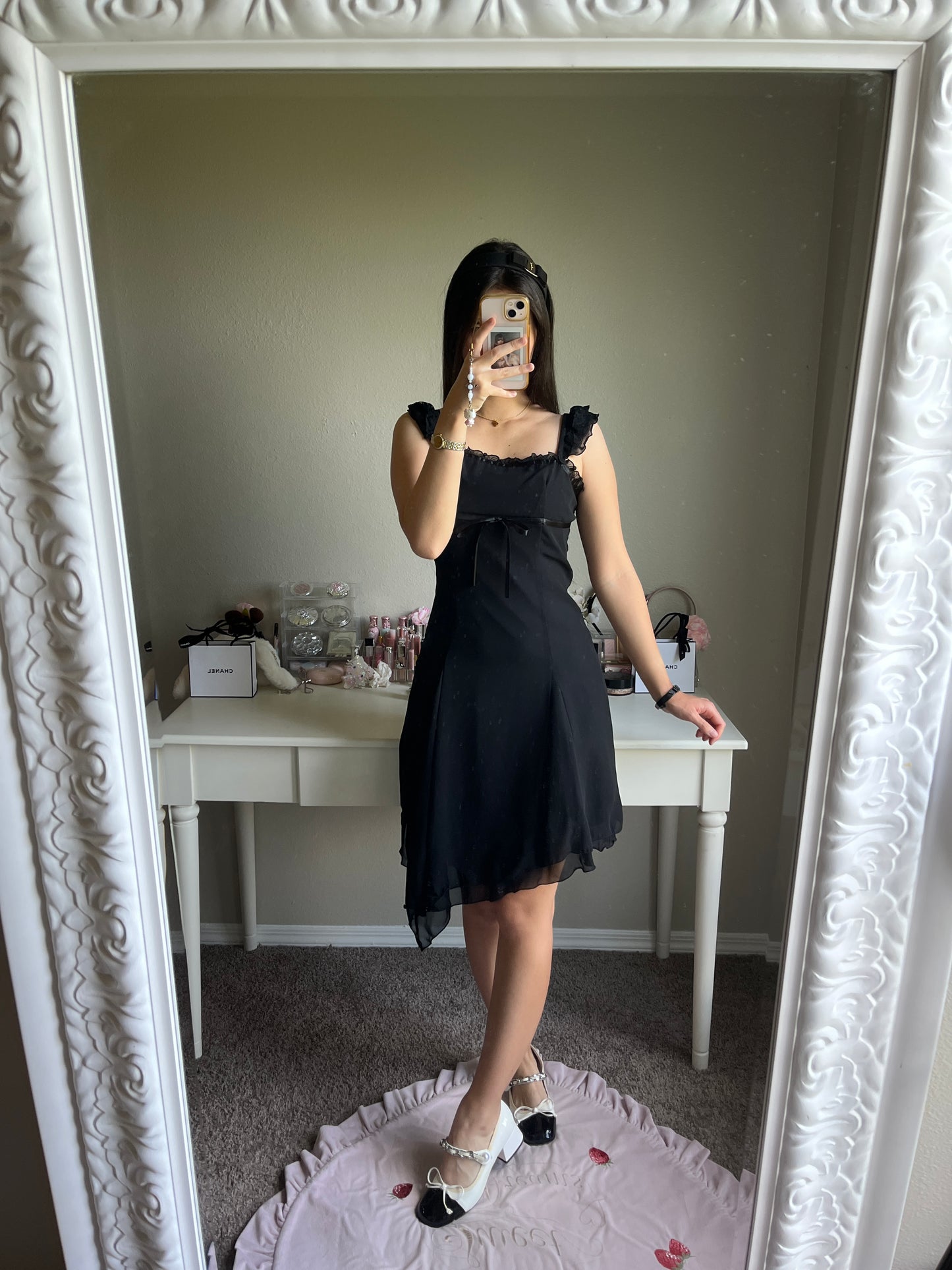 black chiffon asymmetric hem dress