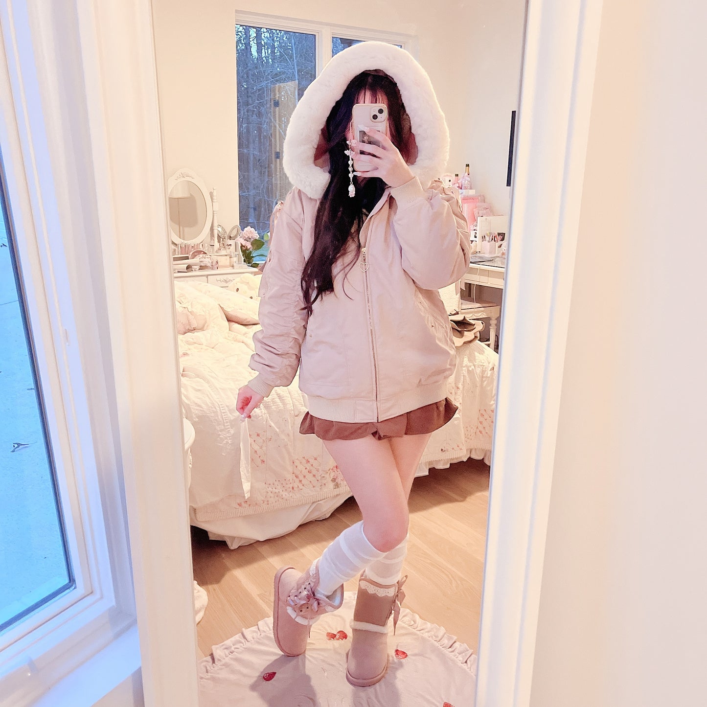 secret honey fur trim bomber jacket