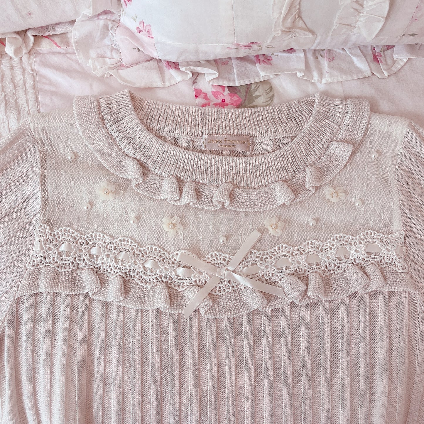 cream floral and pearl accent knit