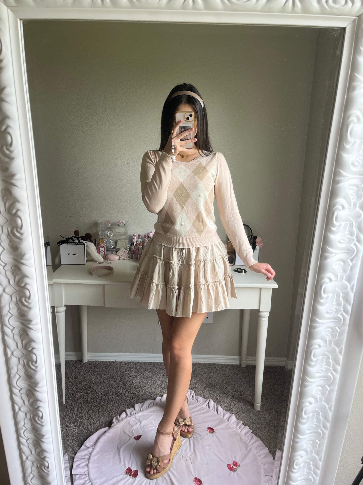 soft pink caramel argyle knit top